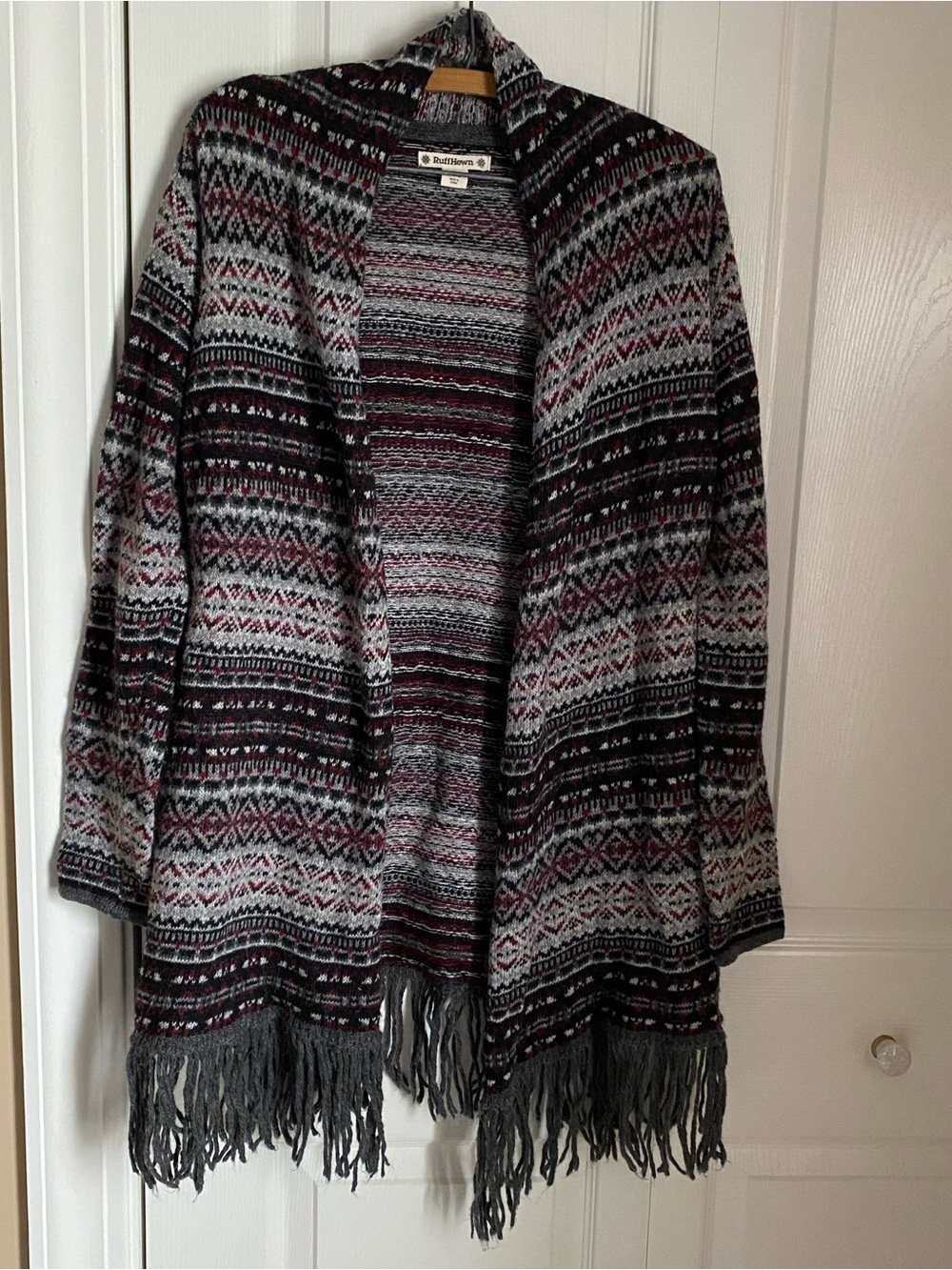 Ruff Hewn Tribal Aztec Open Front Long Fringe Cardigan Sweater M Fall Cozy Boho